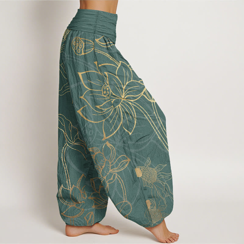 Buddha Stones Pure Cotton Lotus Leaf Koi Fish Women's Elastic Waist Harem Pants - image 2