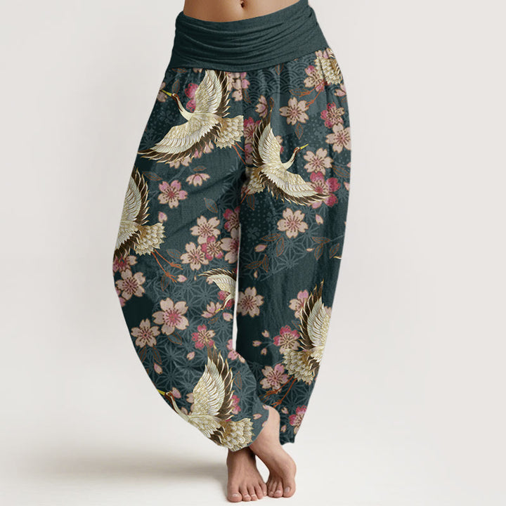 Buddha Stones Pure Cotton Crane Peach Blossom Pattern Women's Elastic Waist Harem Pants - DarkGreen - US22，UK/AU26，EU54 (6XL) - image 0
