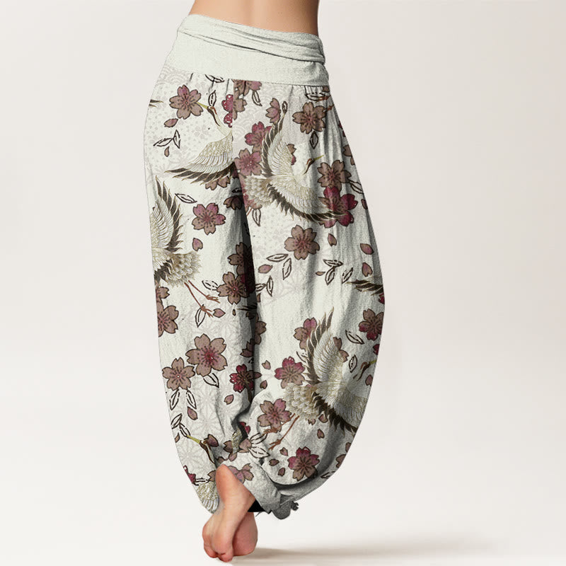 Buddha Stones Pure Cotton Crane Peach Blossom Pattern Women's Elastic Waist Harem Pants - image 6
