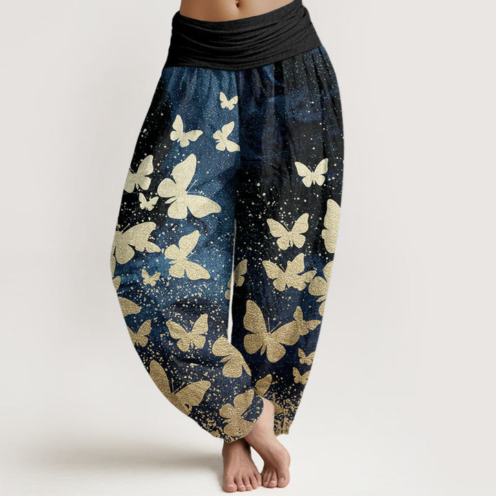 Buddha Stones Pure Cotton Casual Golden Butterfly Pattern Women's Elastic Waist Harem Pants - DodgerBlue - US22，UK/AU26，EU54 (6XL) - image 0