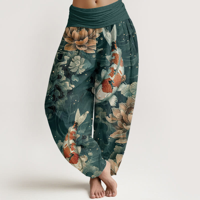 Buddha Stones Pure Cotton Colorful Koi Fish Lotus Flowers Design Women's Elastic Waist Harem Pants - LightSeaGreen - US22，UK/AU26，EU54 (6XL) - image 0