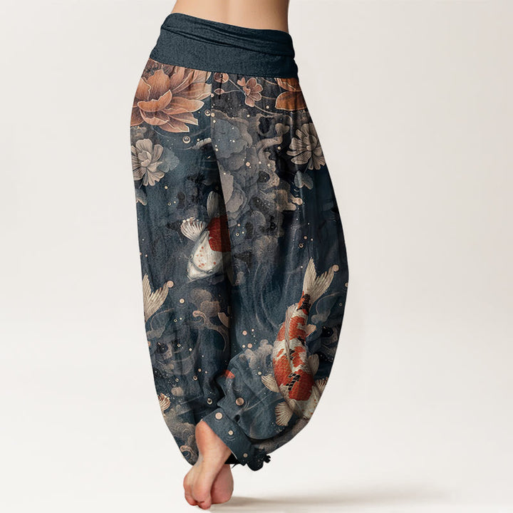 Buddha Stones Pure Cotton Colorful Koi Fish Lotus Flowers Design Women's Elastic Waist Harem Pants - image 10