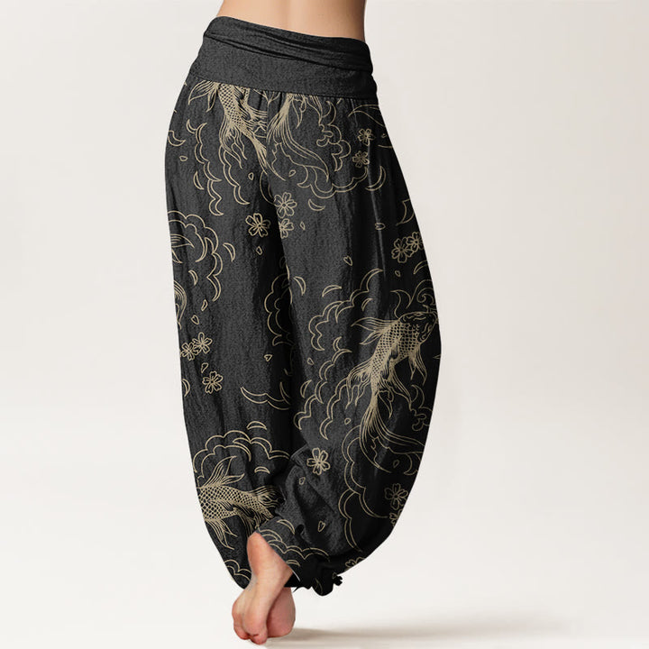 Buddha Stones Pure Cotton Casual Koi Fish Waves And Petal Line Pattern Women's Elastic Waist Harem Pants - image 1