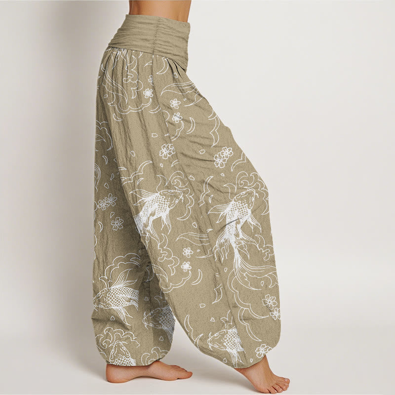 Buddha Stones Pure Cotton Casual Koi Fish Waves And Petal Line Pattern Women's Elastic Waist Harem Pants - image 7