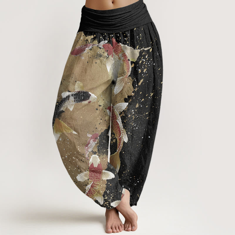 Buddha Stones Pure Cotton Casual Koi Fish Gold Ink Background Pattern Women's Elastic Waist Harem Pants - Black - US22，UK/AU26，EU54 (6XL) - image 0