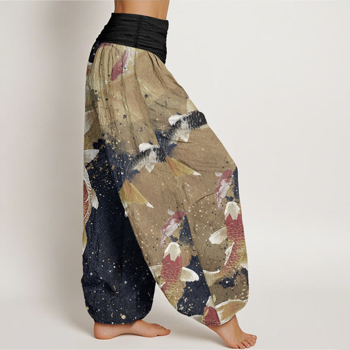 Buddha Stones Pure Cotton Casual Koi Fish Gold Ink Background Pattern Women's Elastic Waist Harem Pants - image 8