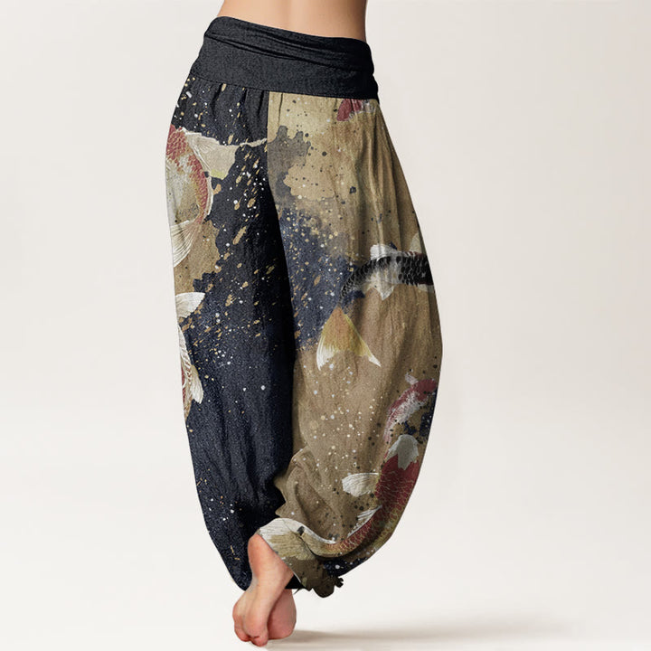 Buddha Stones Pure Cotton Casual Koi Fish Gold Ink Background Pattern Women's Elastic Waist Harem Pants - image 7