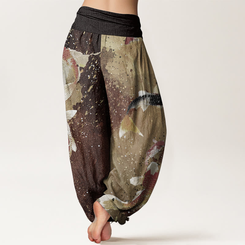 Buddha Stones Pure Cotton Casual Koi Fish Gold Ink Background Pattern Women's Elastic Waist Harem Pants - image 10