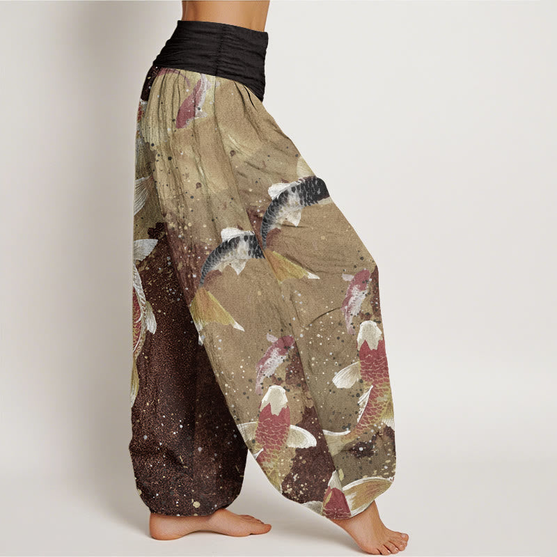 Buddha Stones Pure Cotton Casual Koi Fish Gold Ink Background Pattern Women's Elastic Waist Harem Pants - image 11