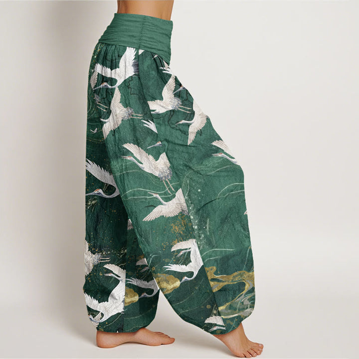 Buddha Stones Pure Cotton Flying White Cranes Auspicious Clouds Design Women's Elastic Waist Harem Pants - image 2