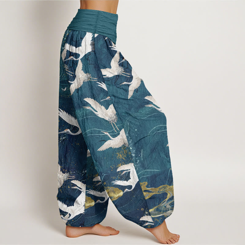 Buddha Stones Pure Cotton Flying White Cranes Auspicious Clouds Design Women's Elastic Waist Harem Pants - image 8
