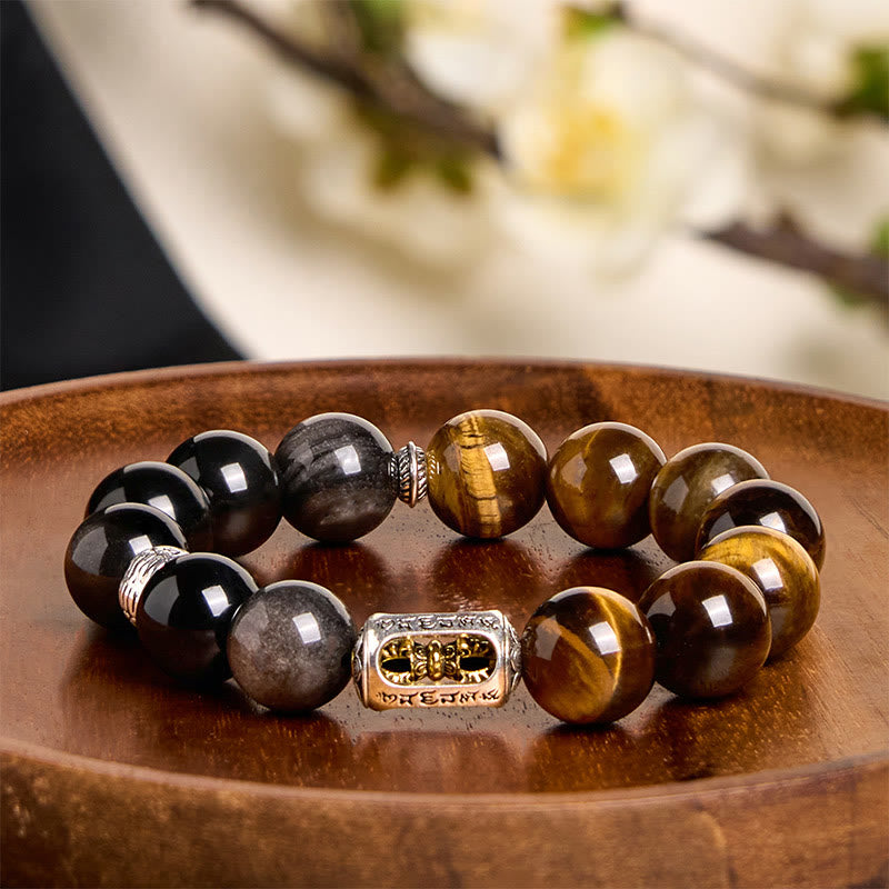 Buddha Stones Natural Silver Sheen Obsidian Tiger Eye Vajra Protection Bracelet - image 1