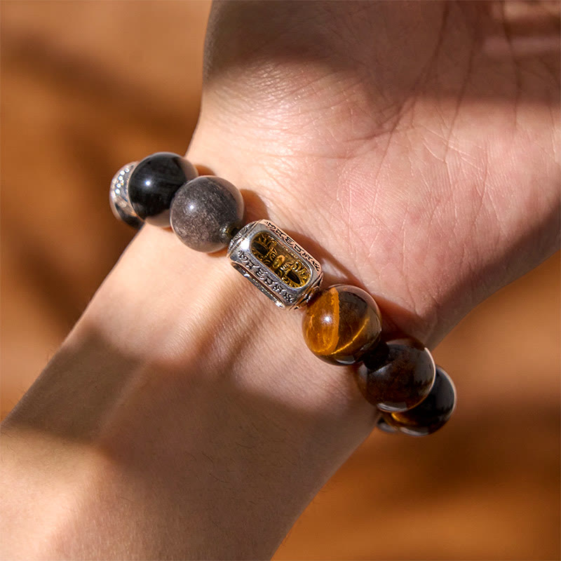 Buddha Stones Natural Silver Sheen Obsidian Tiger Eye Vajra Protection Bracelet - image 4