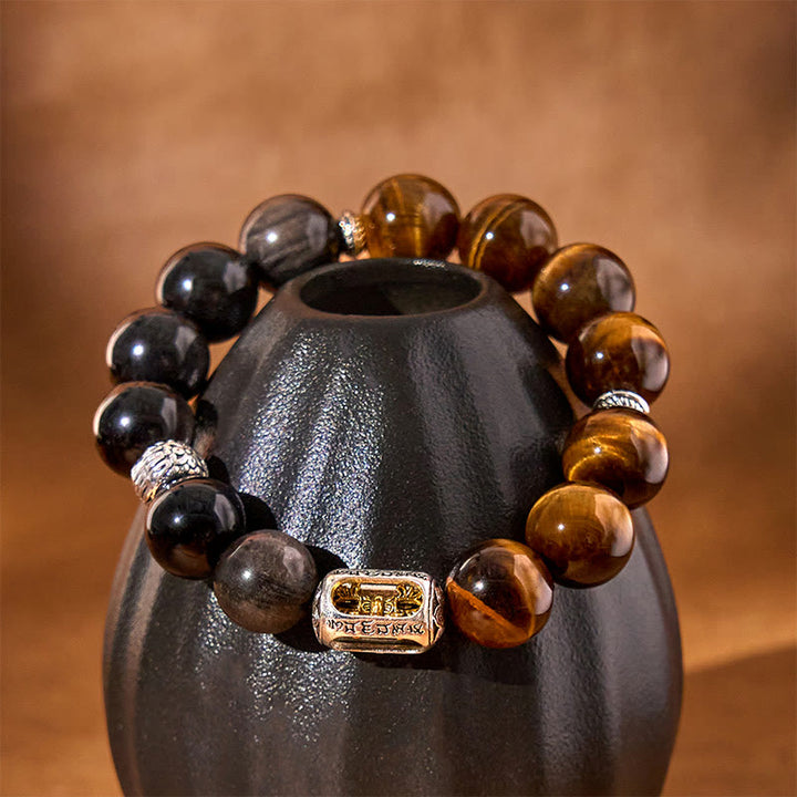 Buddha Stones Natural Silver Sheen Obsidian Tiger Eye Vajra Protection Bracelet - image 2
