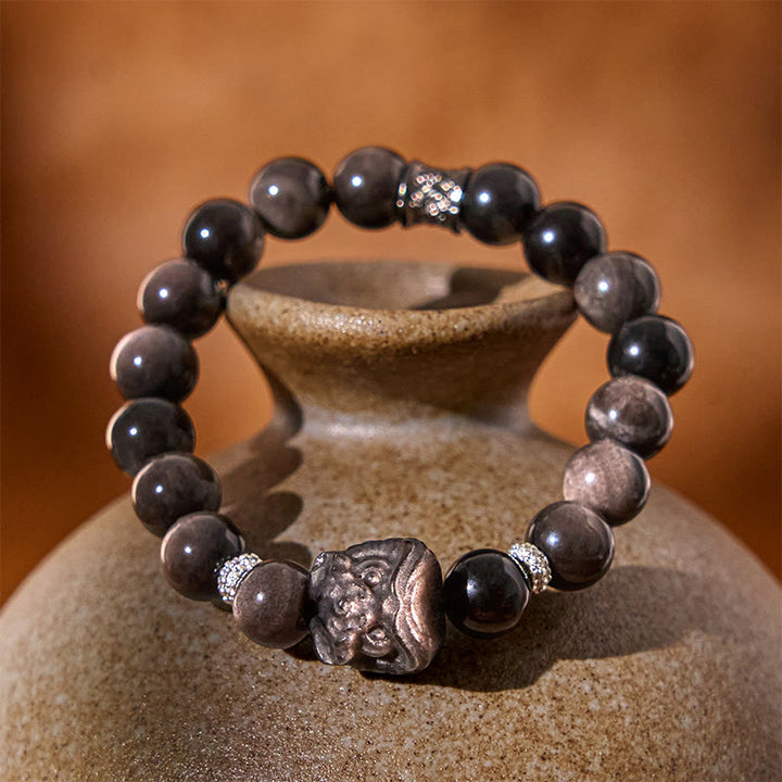 Buddha Stones Natural Silver Sheen Obsidian Lion Dance Protection Bracelet - image 1