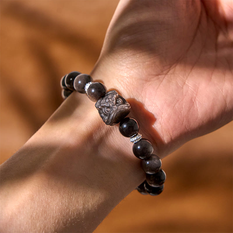 Buddha Stones Natural Silver Sheen Obsidian Lion Dance Protection Bracelet - image 4