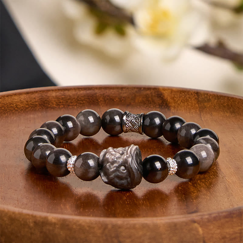 Buddha Stones Natural Silver Sheen Obsidian Lion Dance Protection Bracelet - image 2