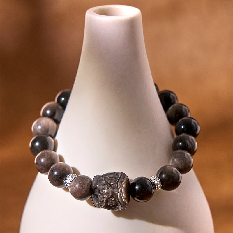 Buddha Stones Natural Silver Sheen Obsidian Lion Dance Protection Bracelet - image 8