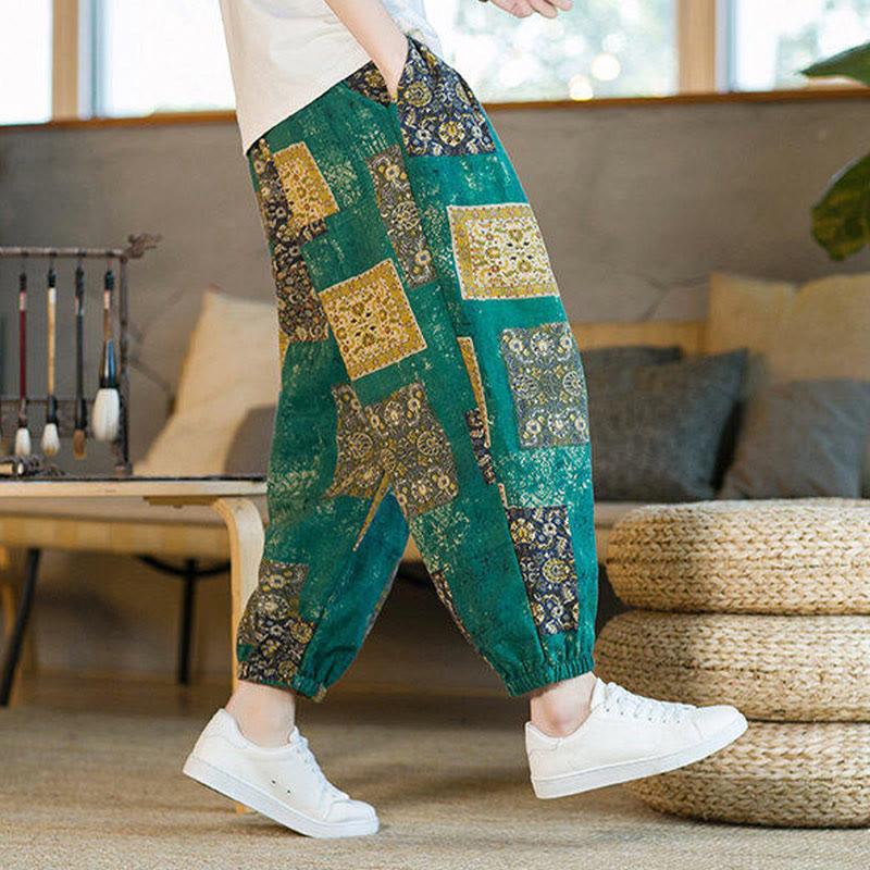 Buddha Stones Summer Square Patchwork Men's Ankle-Length Harem Pants With Pockets - image 24