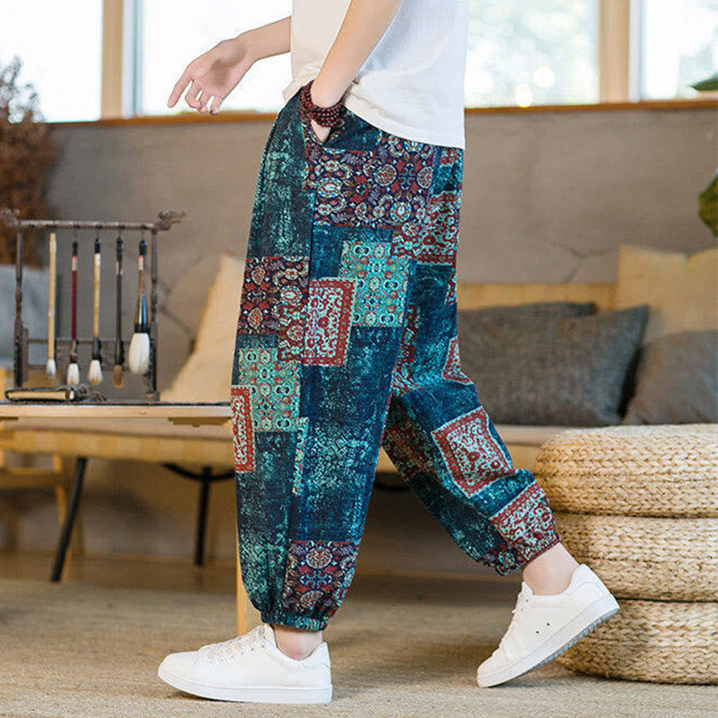 Buddha Stones Summer Square Patchwork Men's Ankle-Length Harem Pants With Pockets - image 34