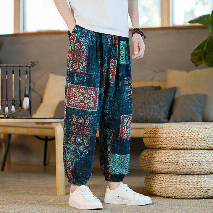 Buddha Stones Summer Square Patchwork Men's Ankle-Length Harem Pants With Pockets - image 37