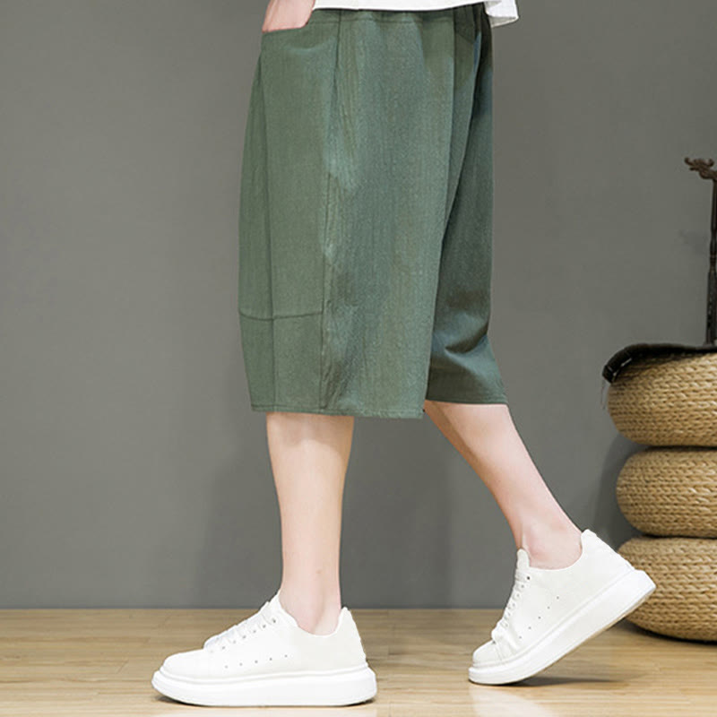 Buddha Stones Casual Drawstring Cotton Linen Men's Capri Harem Pants With Pockets - image 25