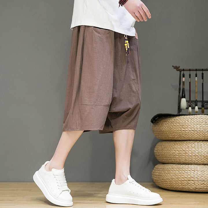 Buddha Stones Casual Drawstring Cotton Linen Men's Capri Harem Pants With Pockets - image 34