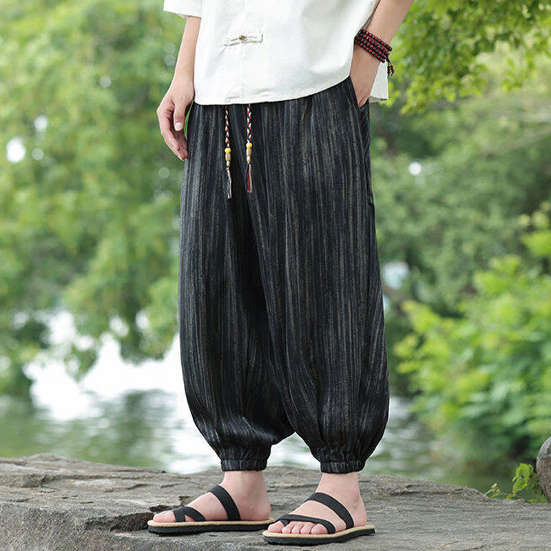 Buddha Stones Summer Black Stripes Drawstring Men's Harem Pants With Pockets - image 6