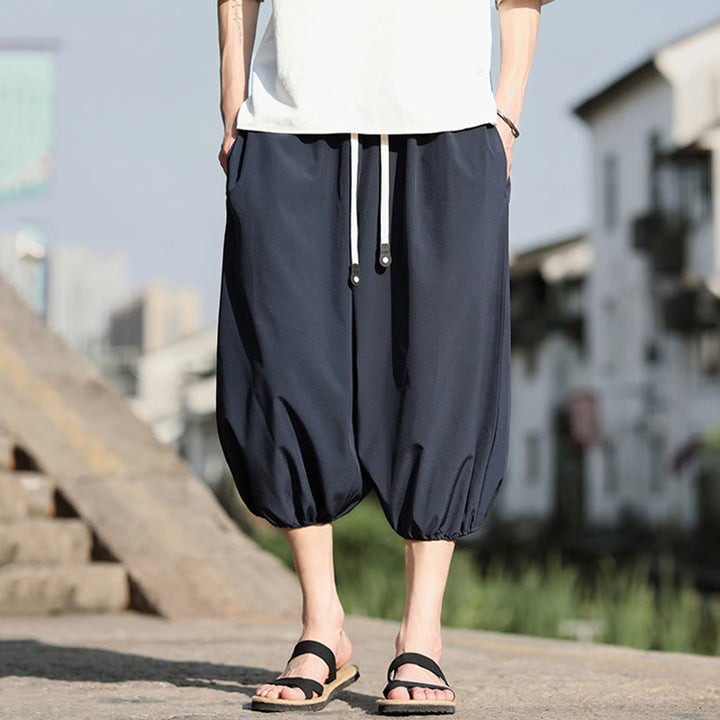 Buddha Stones Solid Drawstring Men's Capri Cropped Harem Pants With Pockets - image 5