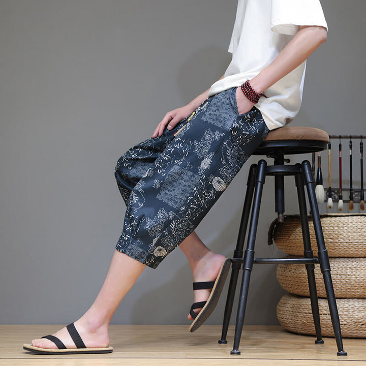 Buddha Stones Summer Bamboo Leaves Flowers Cotton Linen Men's Capri Pants With Pockets - image 8