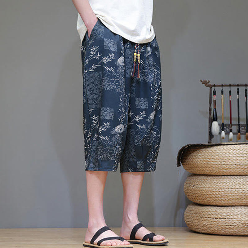 Buddha Stones Summer Bamboo Leaves Flowers Cotton Linen Men's Capri Pants With Pockets - image 6