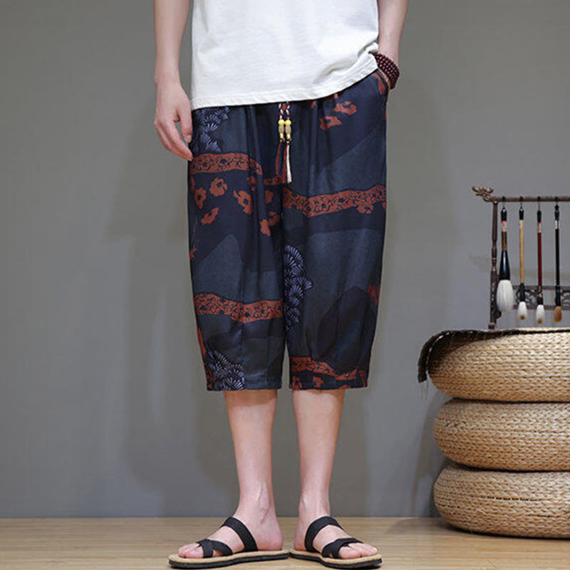 Buddha Stones Summer Bamboo Leaves Flowers Cotton Linen Men's Capri Pants With Pockets - image 18