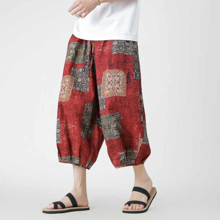 Buddha Stones Summer Square Patchwork Elephant Mandala Geometry Cotton Linen Men's 7-8 Length Pants With Pockets - Red - US/UK/AU46，EU56 (5XL) - image 0