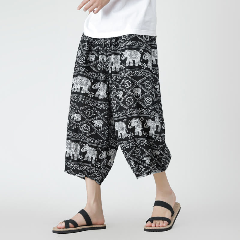 Buddha Stones Summer Square Patchwork Elephant Mandala Geometry Cotton Linen Men's 7-8 Length Pants With Pockets - Black - US/UK/AU46，EU56 (5XL) - image 41