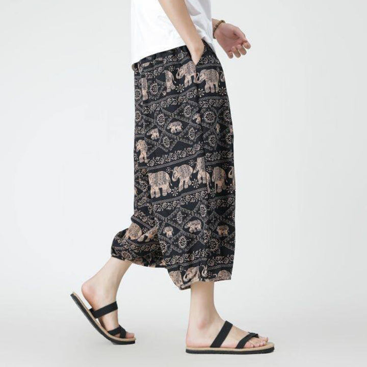 Buddha Stones Summer Square Patchwork Elephant Mandala Geometry Cotton Linen Men's 7-8 Length Pants With Pockets - image 22