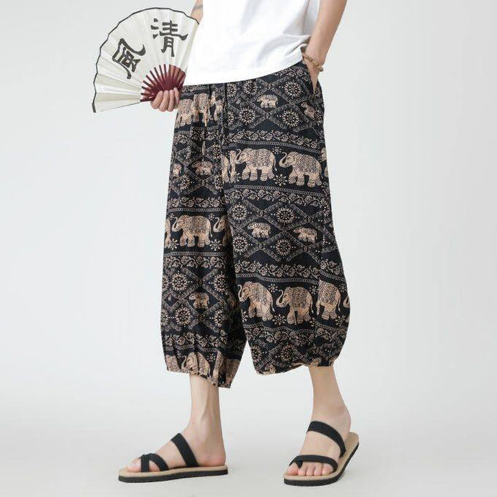 Buddha Stones Summer Square Patchwork Elephant Mandala Geometry Cotton Linen Men's 7-8 Length Pants With Pockets - image 29