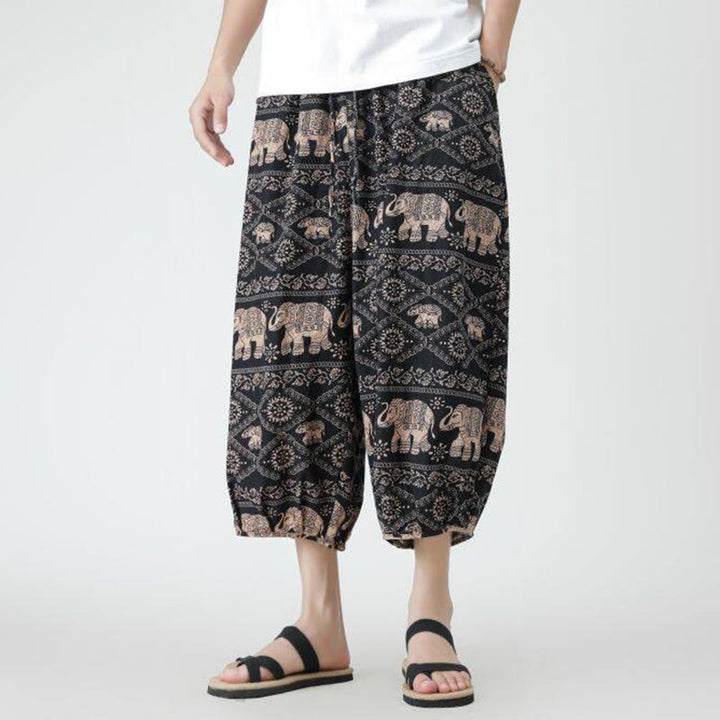 Buddha Stones Summer Square Patchwork Elephant Mandala Geometry Cotton Linen Men's 7-8 Length Pants With Pockets - image 27