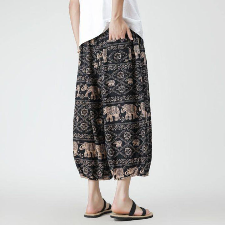 Buddha Stones Summer Square Patchwork Elephant Mandala Geometry Cotton Linen Men's 7-8 Length Pants With Pockets - image 24