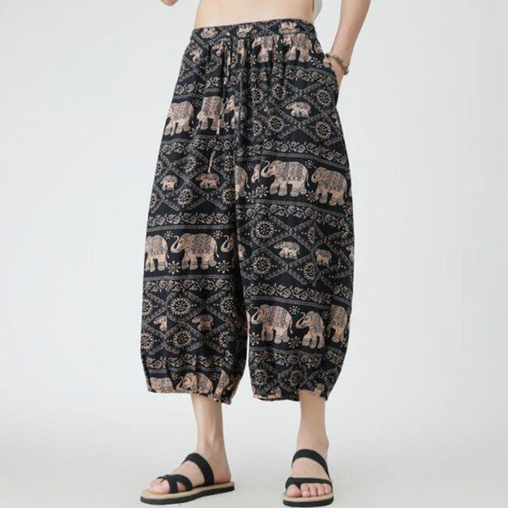 Buddha Stones Summer Square Patchwork Elephant Mandala Geometry Cotton Linen Men's 7-8 Length Pants With Pockets - image 30