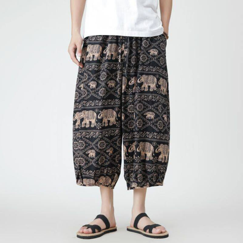 Buddha Stones Summer Square Patchwork Elephant Mandala Geometry Cotton Linen Men's 7-8 Length Pants With Pockets - image 21