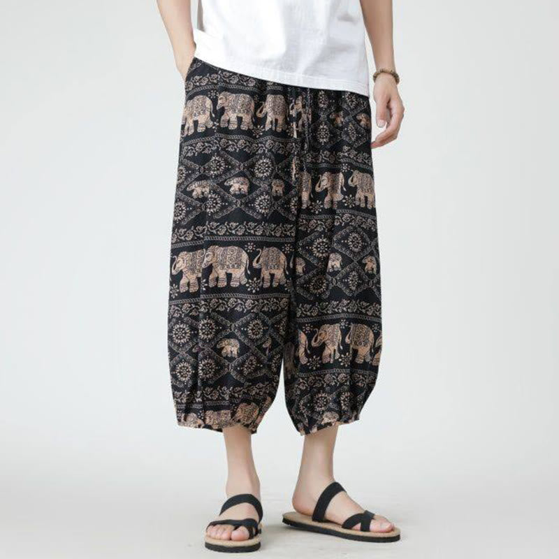 Buddha Stones Summer Square Patchwork Elephant Mandala Geometry Cotton Linen Men's 7-8 Length Pants With Pockets - image 28