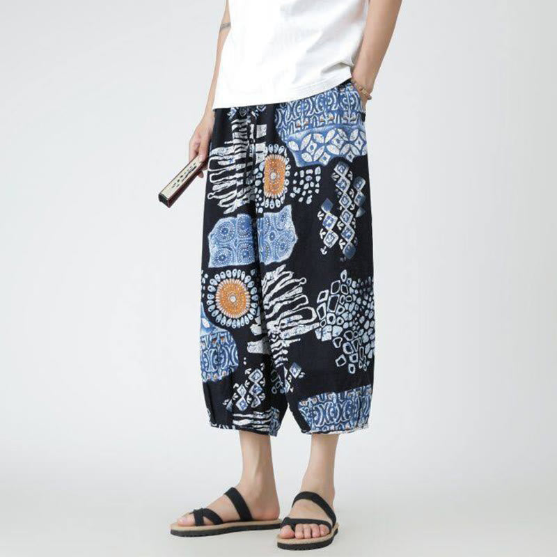 Buddha Stones Summer Square Patchwork Elephant Mandala Geometry Cotton Linen Men's 7-8 Length Pants With Pockets - image 36