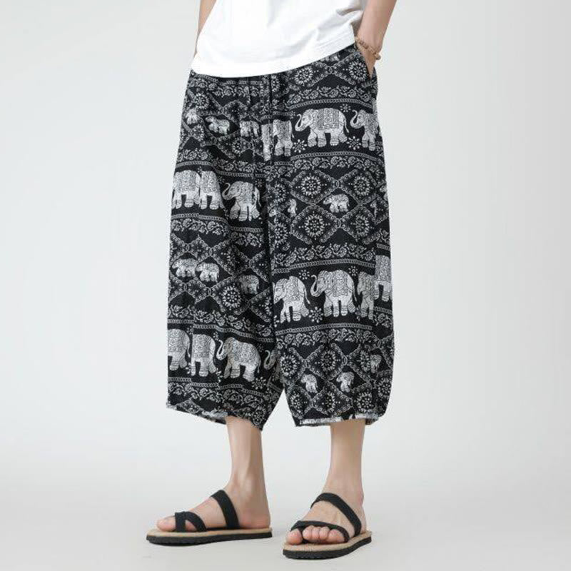Buddha Stones Summer Square Patchwork Elephant Mandala Geometry Cotton Linen Men's 7-8 Length Pants With Pockets - image 45