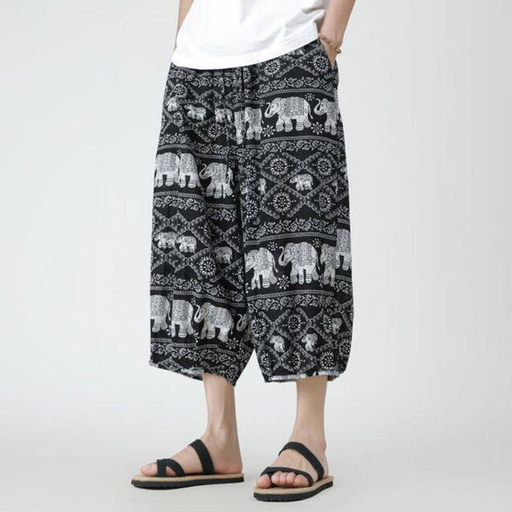 Buddha Stones Summer Square Patchwork Elephant Mandala Geometry Cotton Linen Men's 7-8 Length Pants With Pockets - image 45