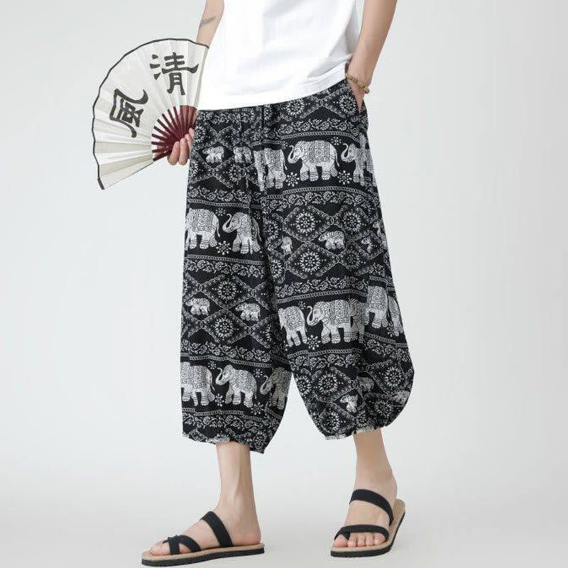 Buddha Stones Summer Square Patchwork Elephant Mandala Geometry Cotton Linen Men's 7-8 Length Pants With Pockets - image 49