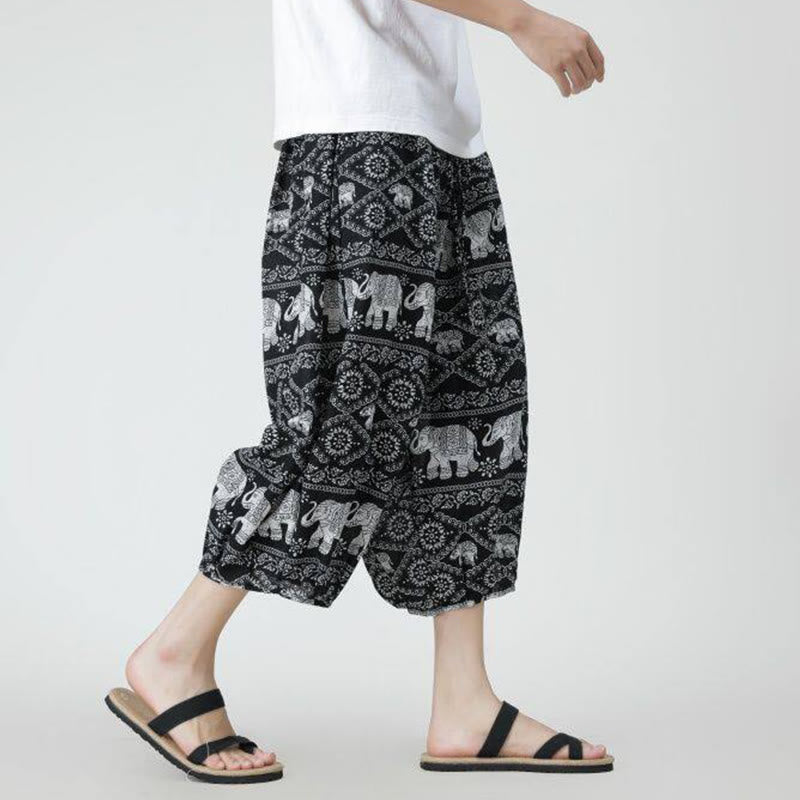 Buddha Stones Summer Square Patchwork Elephant Mandala Geometry Cotton Linen Men's 7-8 Length Pants With Pockets - image 43