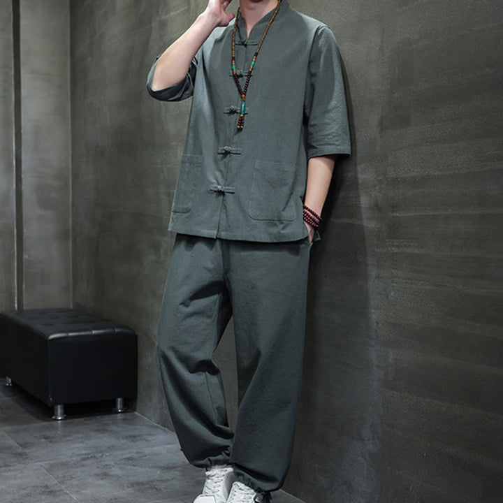 Buddha Stones 2Pcs Tang Suit Frog-Button Design Shirt Pants With Pockets Men's Meditation Cloth Set - image 1