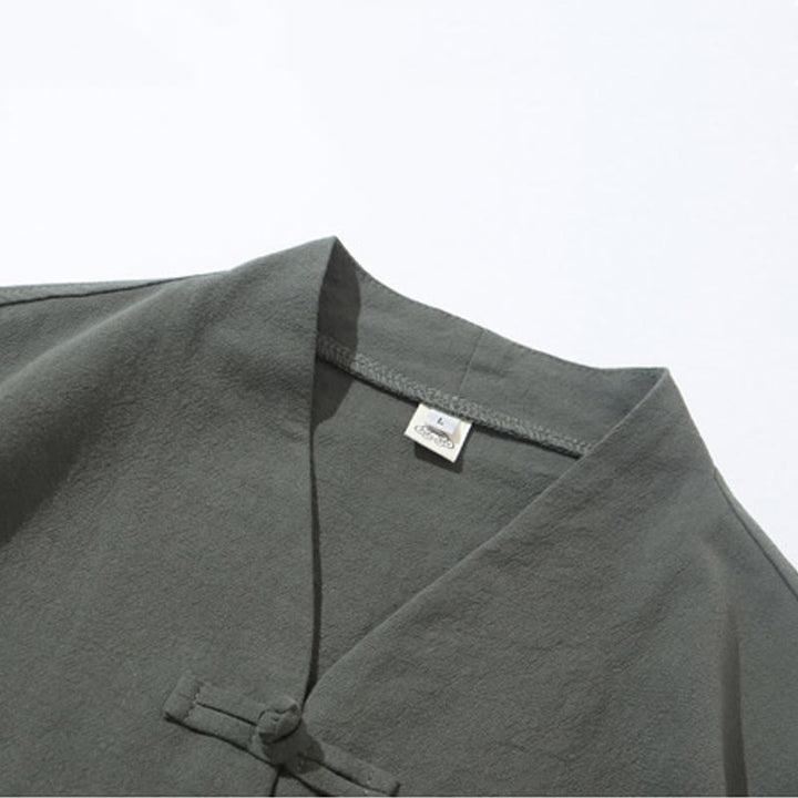 Buddha Stones 2Pcs Tang Suit Frog-Button Design Shirt Pants With Pockets Men's Cotton Linen Meditation Cloth Set - image 9