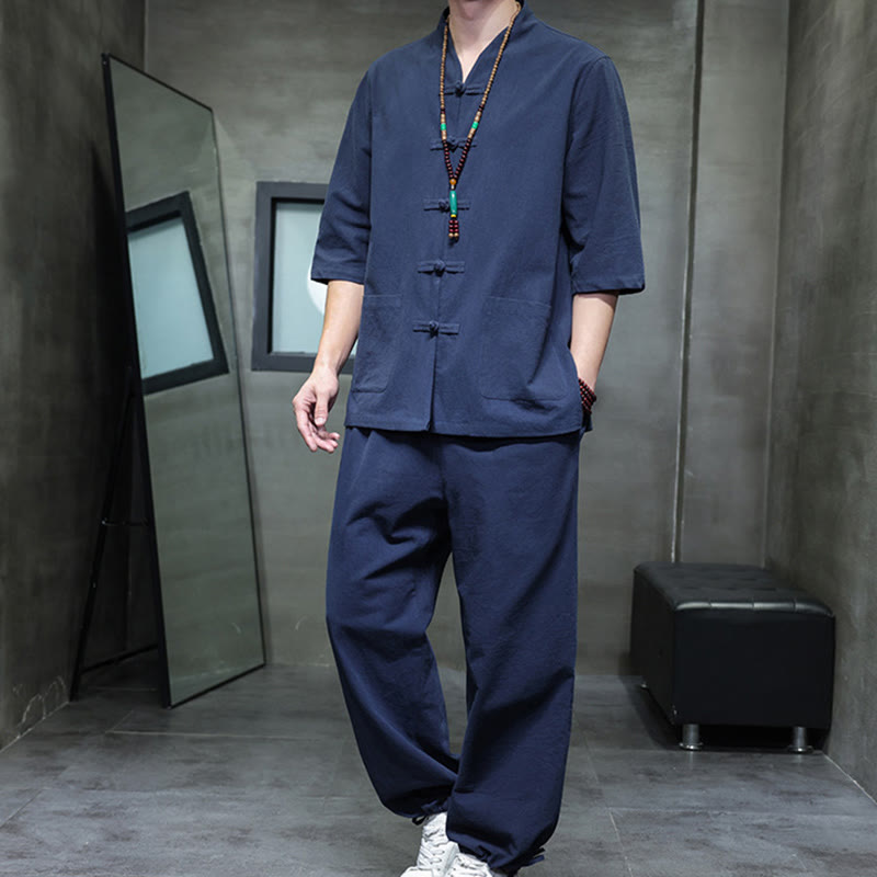 Buddha Stones 2Pcs Tang Suit Frog-Button Design Shirt Pants With Pockets Men's Cotton Linen Meditation Cloth Set - SteelBlue - US/UK/AU46，EU56 (5XL) - image 13