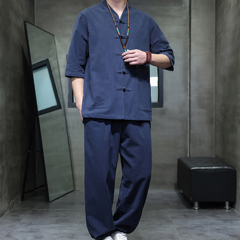 Buddha Stones 2Pcs Tang Suit Frog-Button Design Shirt Pants With Pockets Men's Meditation Cloth Set - image 15